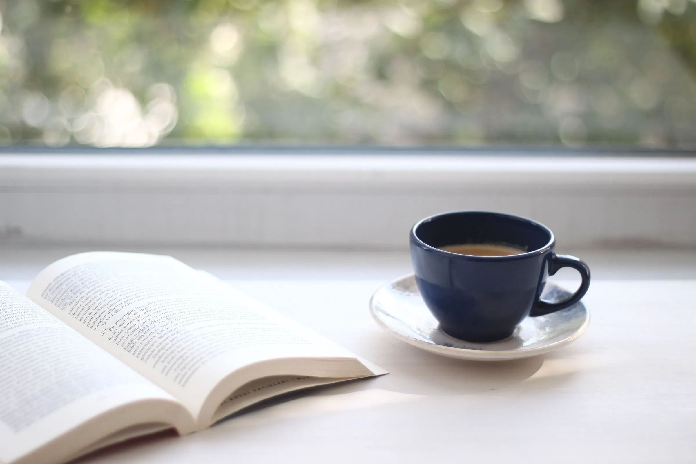 An open paperback and a blue cup of coffee on a bright white windowsill
